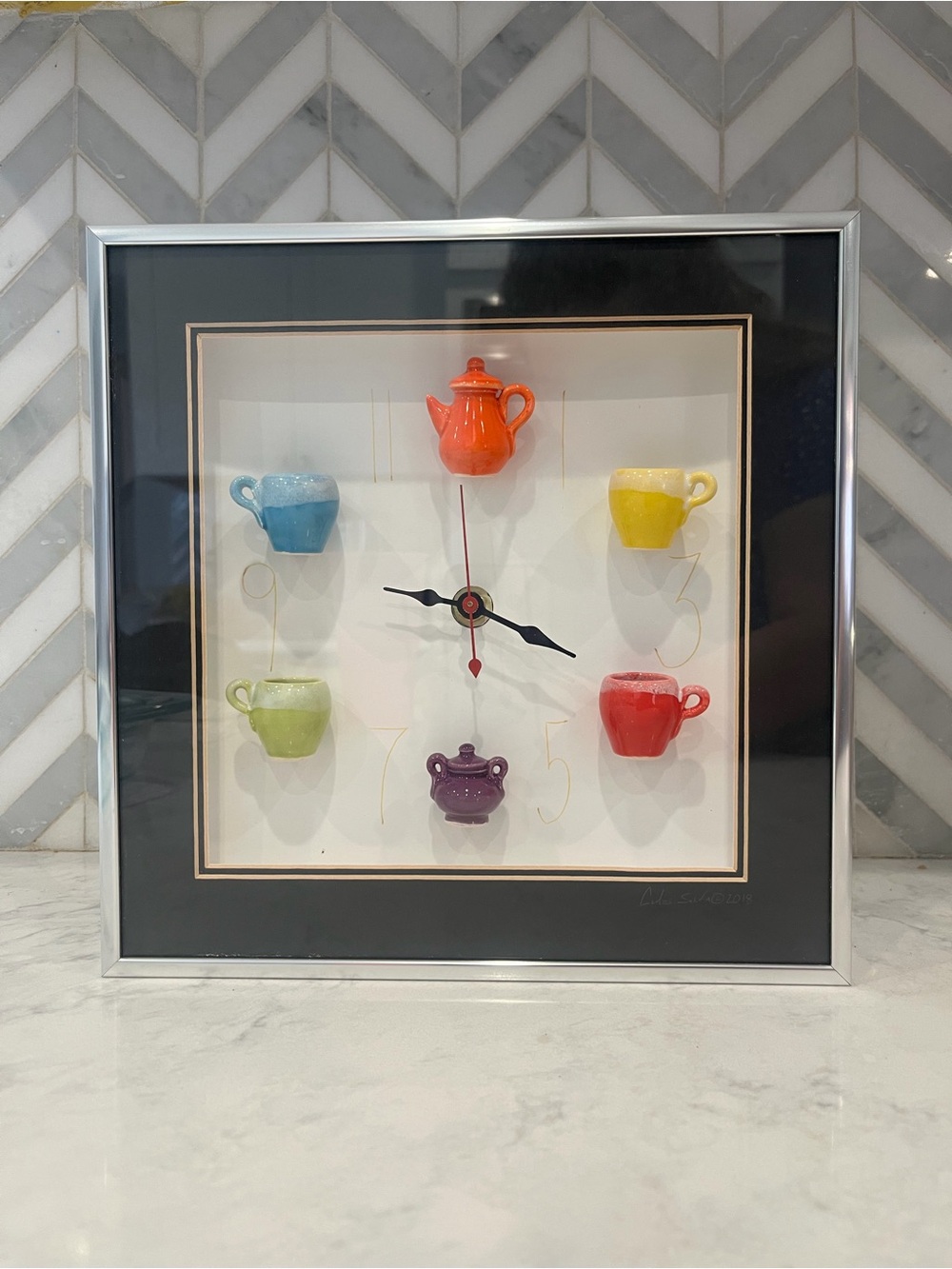 Centuries Clayworks Framed Miniature Ceramic Kettle & Cups Art By Carlos Silva
